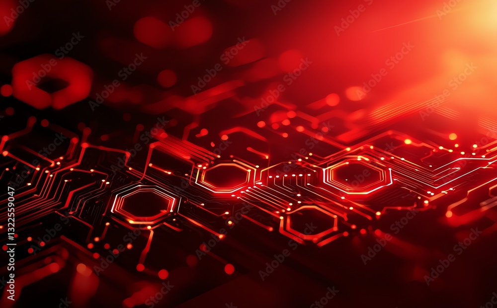 Poster a close-up view of a red circuit board, showcasing intricate patterns and connections that represent