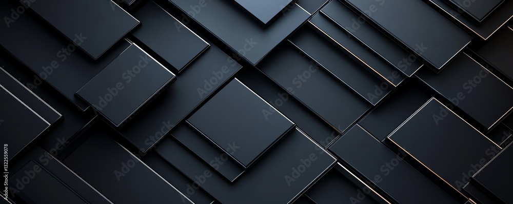 Poster an abstract composition featuring layered black rectangles of various sizes and orientations, creati