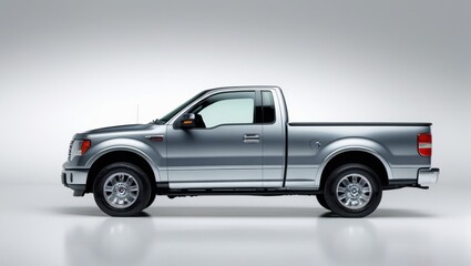 Sleek Metallic Silver Pickup Truck Displayed Against a White Background Under Bright Studio Lighting Automotive Design