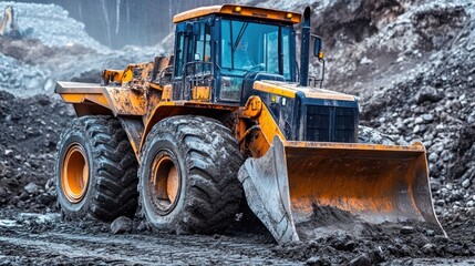Powerful Yellow Wheel Loader Excavating in Quarry