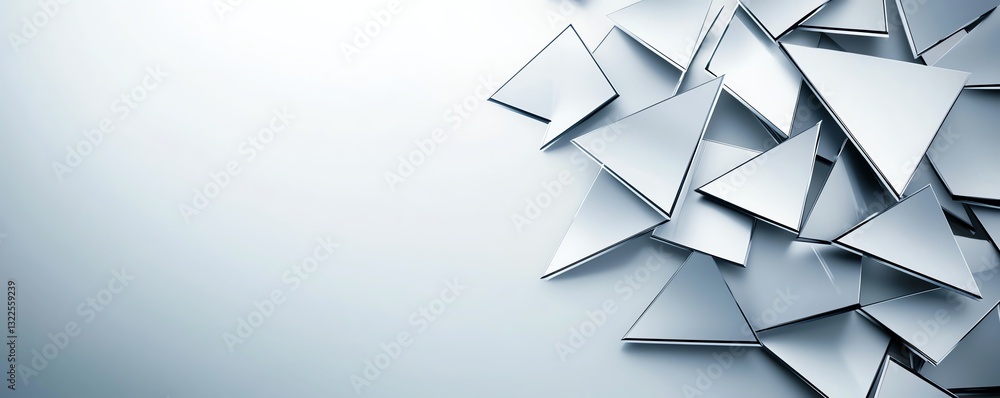 Poster an abstract composition of silver triangles arranged on a textured background. the sharp angles and 