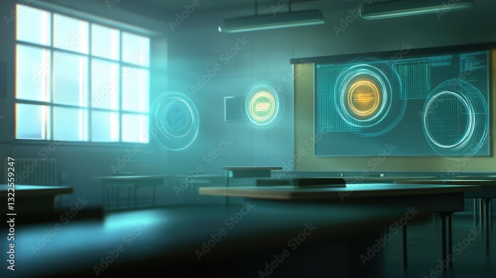 Poster a conceptual e-learning background with d holographic floating academic icons in a sci-fi classroom 