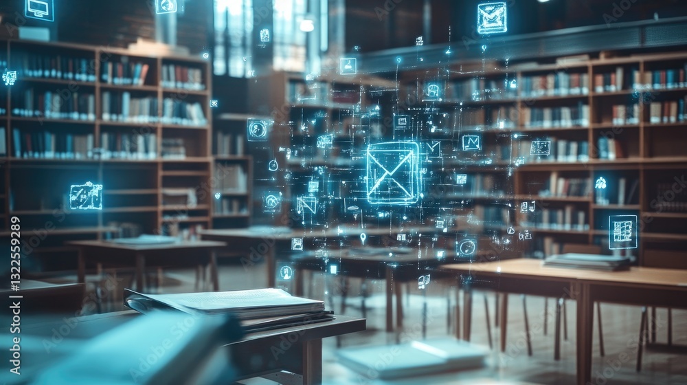 Poster a conceptual e-learning background with d holographic floating academic icons in a sci-fi classroom 