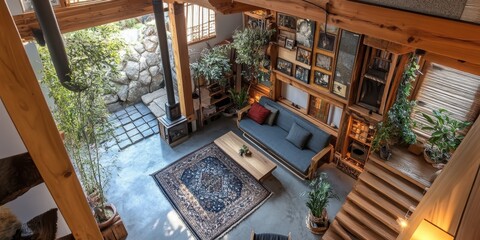 Fototapeta premium An elevated interior living room view with wood decor and plants