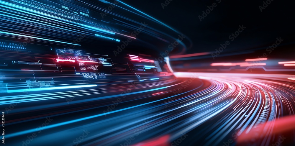Poster this abstract image showcases dynamic light trails in blue and red, representing high-speed movement