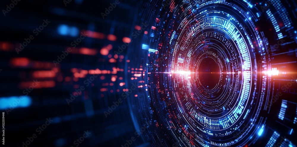 Poster an abstract representation of digital data flow, showcasing vibrant lights and circular patterns