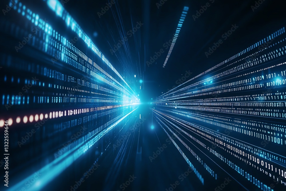 Poster a high-tech abstract background featuring bright blue light beams and digital patterns, representing