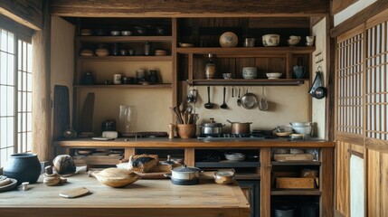 A Rustic Kitchen Interior Showcasing Wood Furniture and Culinary Tools