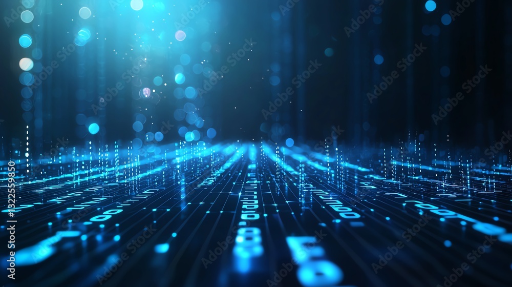 Poster a futuristic digital landscape showcasing streams of glowing binary code, symbolizing data transmiss