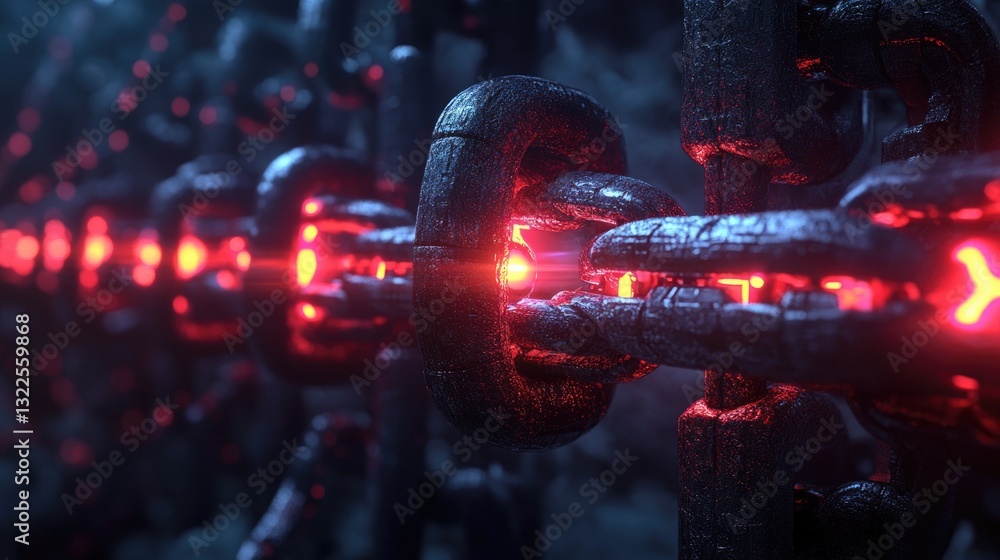 Poster a conceptual image of a blockchain-powered industrial supply chain ensuring secure transactions.