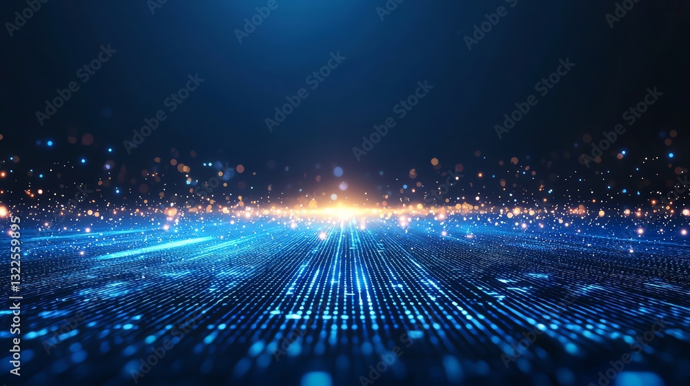 Poster a stunning visual representation of data flow with bright blue lines illuminating a digital landscap