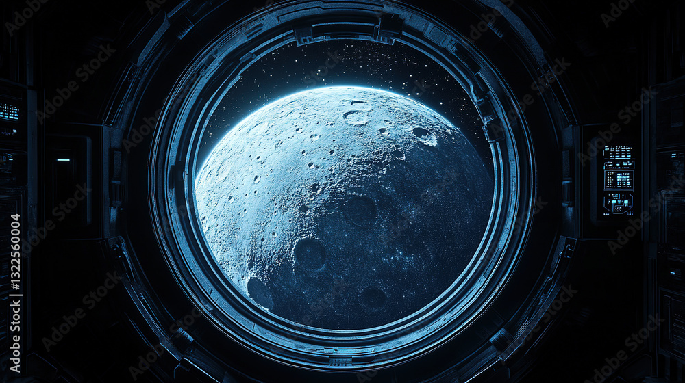 Poster exploring the moon's surface through a spacecraft window outer space digital art futuristic close-up