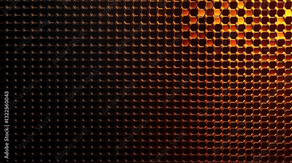 Poster an abstract texture featuring a pattern of hexagonal shapes illuminated by warm golden and orange hu
