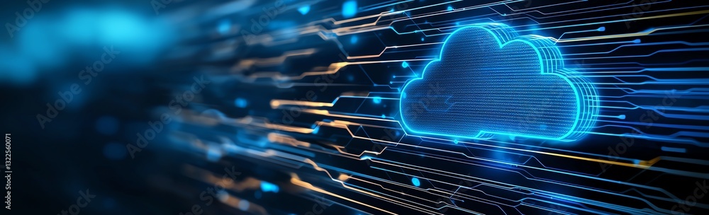 Poster a vibrant cloud computing graphic featuring lines of data flowing toward a digital cloud icon