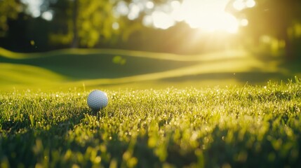 Golf Ball on Dewy Green at Sunrise