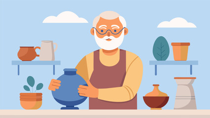 A senior man confidently demonstrating his pottery skills in a handson ceramics class.. Vector illustration
