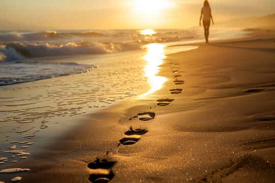 Golden sunlight reflects on the sand as footprints trace a serene walk along the beach. A tranquil ocean waves gently in the background, creating an atmosphere of peace and solitude.