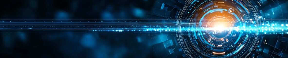 A futuristic digital landscape showcasing vibrant energy beams and glowing circles. This image represents advanced technology, innovation, and a high-tech environment.