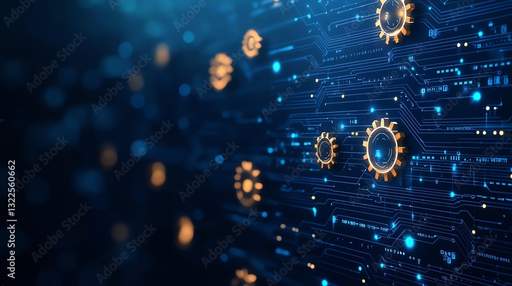 Poster a captivating image showcasing a close-up of intricate circuit patterns illuminated by glowing gears