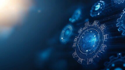 Obraz premium Abstract futuristic technology background with blue glowing circuits and gears. Perfect for illustrating innovation, digital networks, and advanced engineering concepts.