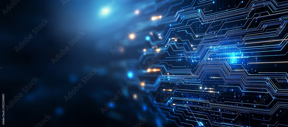 Poster a captivating abstract background featuring digital circuitry with glowing blue lights, symbolizing 