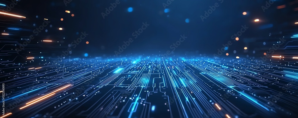 Poster a dynamic abstract representation of digital data flow, featuring vibrant blue and orange light trai