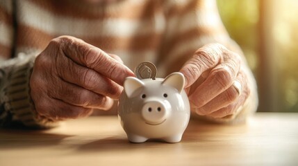 Elderly Person Saving Money in Piggy Bank