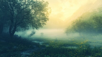Obraz premium A beautiful foggy landscape with trees and distant mountains