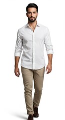 Fototapeta premium Confident man walking in white shirt and khaki pants isolated on white background