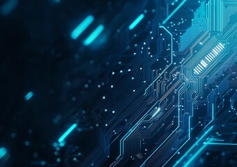 Fototapeta premium A close-up view of a futuristic circuit board featuring vibrant blue lines and glowing elements, showcasing the intricate details of modern technology and digital advancements.