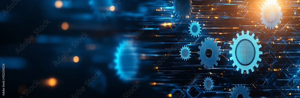 Poster an abstract representation of gears in motion, symbolizing innovation and progress. this visually st