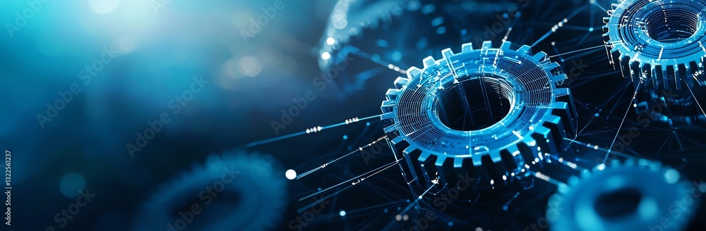 Poster a close-up view of digital gears interconnected in a futuristic design, representing advanced techno