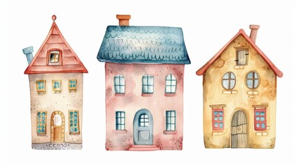 Watercolor Houses with Clean Lines Isolated on White Background