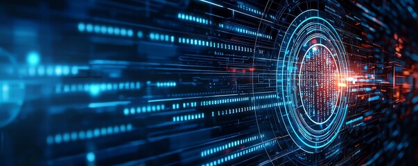 Obraz premium A dynamic digital background featuring glowing lines and circular patterns, perfect for illustrating concepts of data flow, innovation, and advanced technology in various projects.