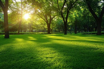 Obraz premium Scenic Green Park with Sunlight Filtering Through Trees, Radiating Freshness and Tranquility in a Lush Natural Environment