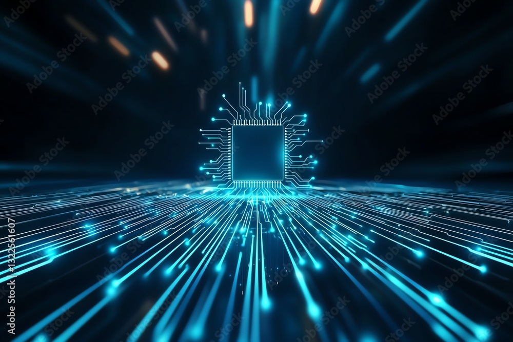 Poster a stunning representation of a microchip emitting radiant blue light beams, symbolizing high-speed d