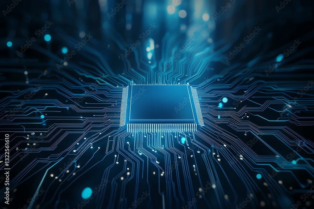 Poster a close-up of a microchip surrounded by intricate circuit board patterns, showcasing the innovation 