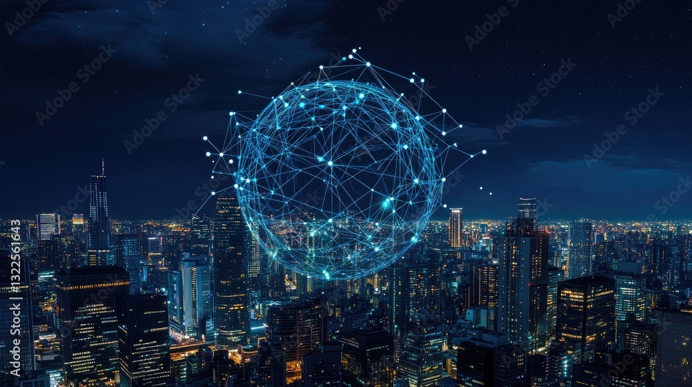 Poster a cutting-edge ai-powered tech icon floating above a futuristic city skyline, symbolizing innovation