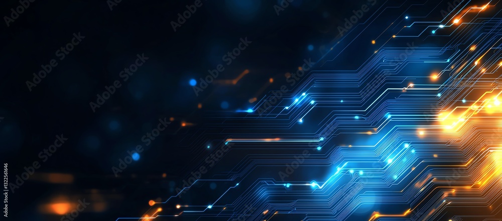 Poster abstract digital background featuring glowing blue and orange circuit patterns, representing innovat