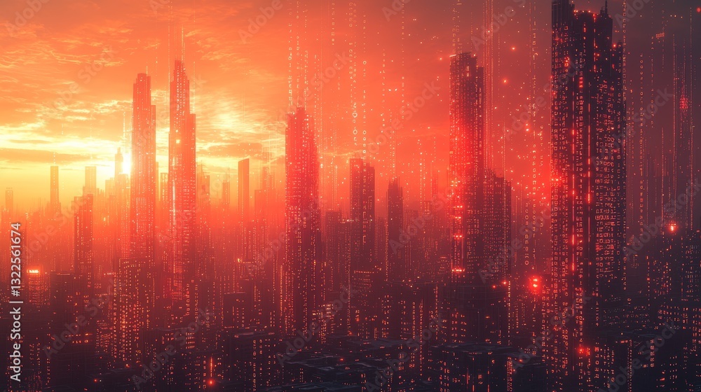 Poster a mixed media background featuring matrix-inspired binary computer code forming a futuristic city sk