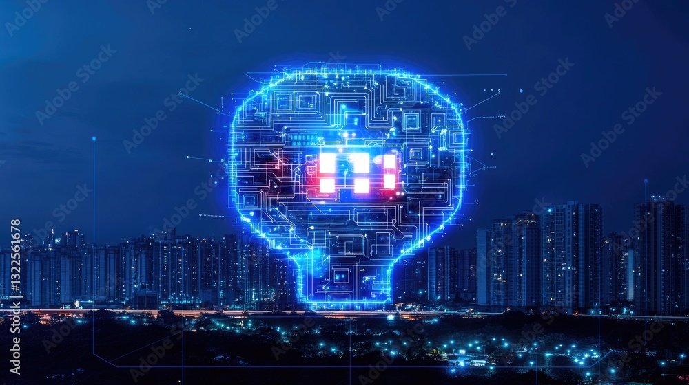 Poster a cutting-edge ai-powered tech icon floating above a futuristic city skyline, symbolizing innovation