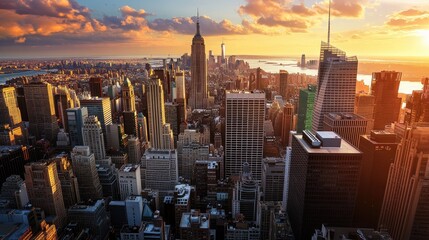 Manhattan Skyline at Sunset, Golden Hour Panorama