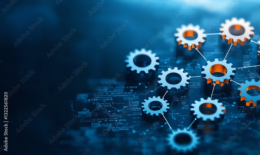 Poster abstract concept of technology with interconnected gears and digital circuitry, symbolizing innovati