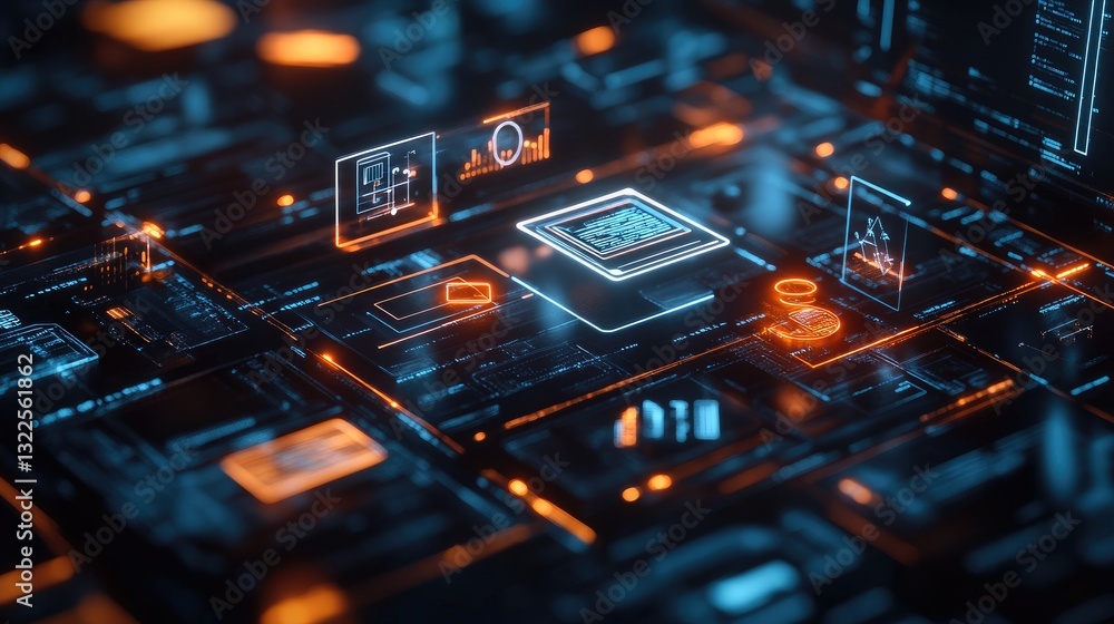 Poster a cyber-learning concept with d-rendered academic icons floating in a futuristic digital classroom.