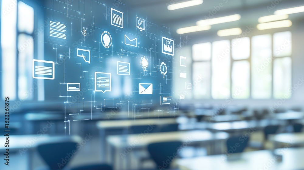 Poster a cyber-learning concept with d-rendered academic icons floating in a futuristic digital classroom.