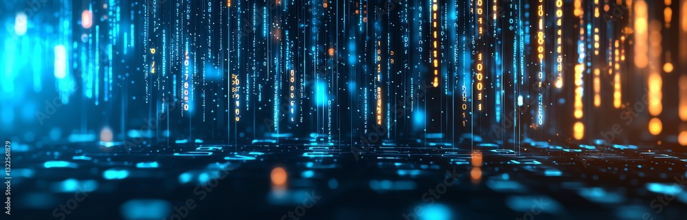 Poster a mesmerizing abstract representation of digital data flows. glowing blue and orange lights create a