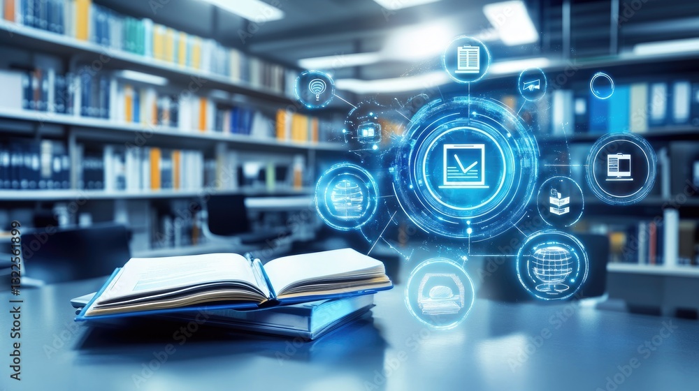 Aufkleber a cyber-learning concept with d-rendered academic icons floating in a futuristic digital classroom.