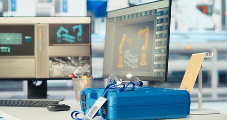 Toolbox on desk in empty photovoltaics factory and PC used for analyzing data and reviewing system metrics. Toolbox in solar panels manufacturing plant used for repairing technical issues faults
