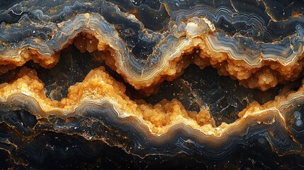 Obraz premium A stunning macro view of a natural stone with intricate black, grey, and yellow swirling patterns, smoothly rotating in a seamless 4K loop