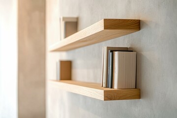  Minimalist hardcover book mockup on wooden shelves in modern library setting, clean and elegant design